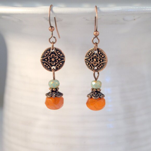 Copper Czech Glass Drop Earrings Boho Chic Dangle Pierced or Clip-on Earrings - Picture 2 of 8